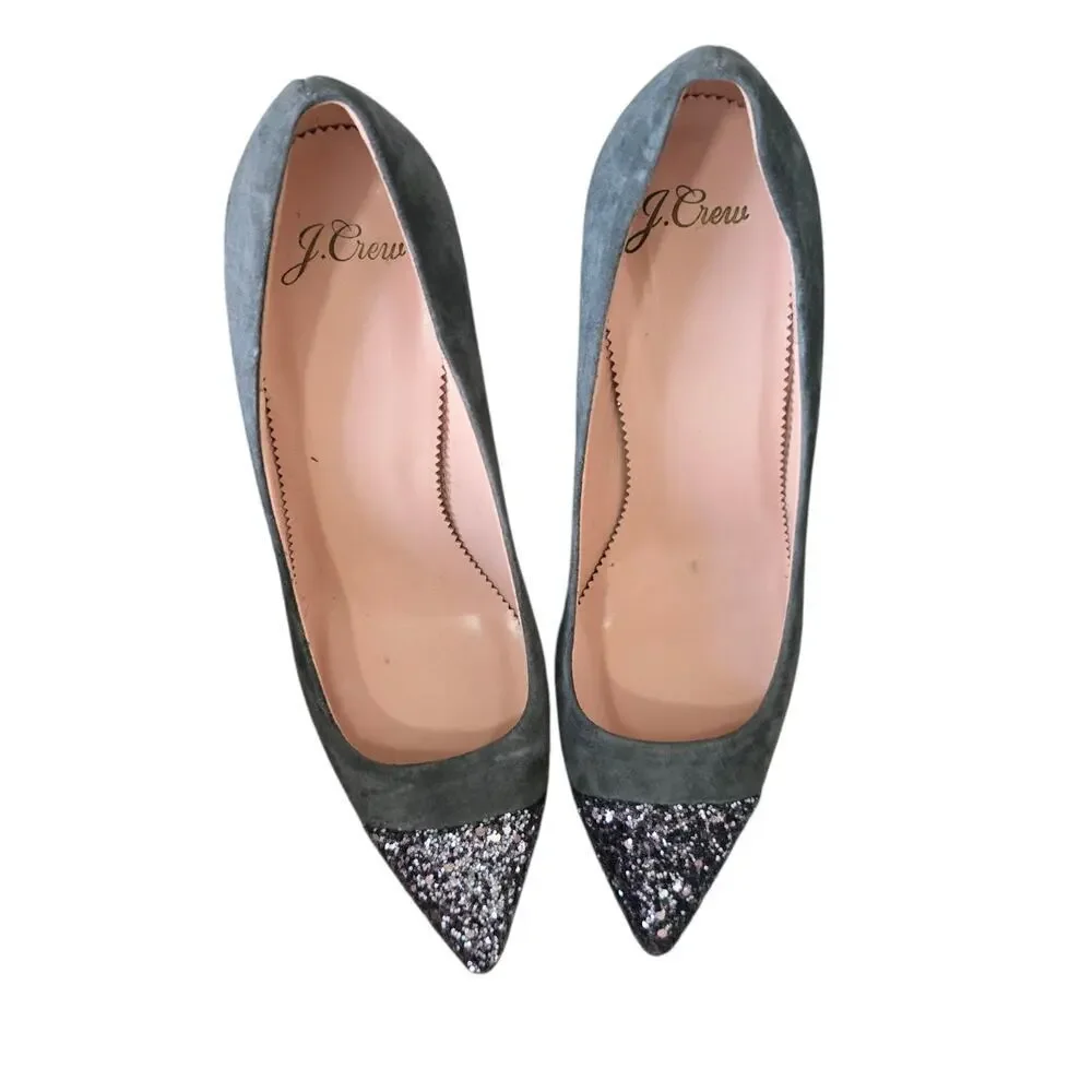 J. Crew Elsie Pumps Suede New Italy Glitter Cap Toe Coastal Grey 6 Silver